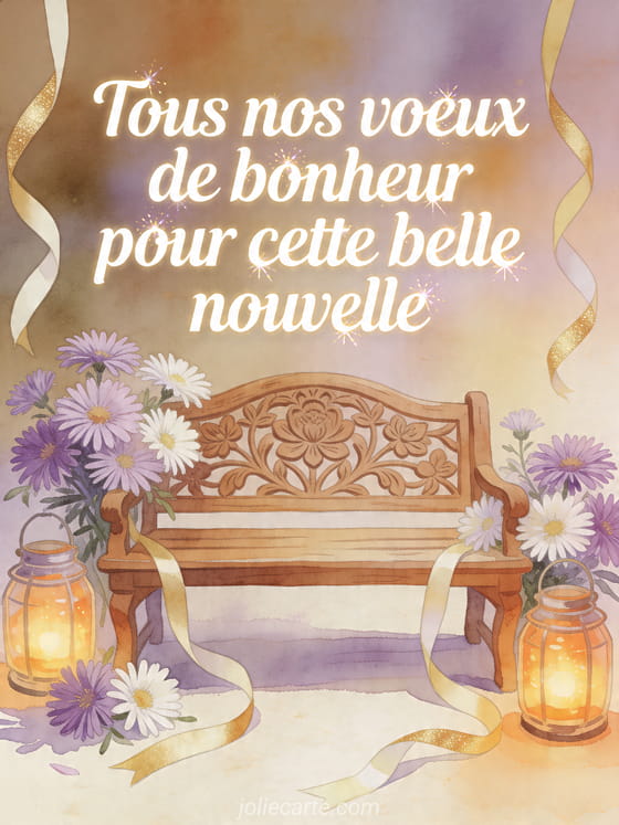 Illustration d'asters autour d'un banc en bois sculpté sous des fanions et des lanternes suspendues