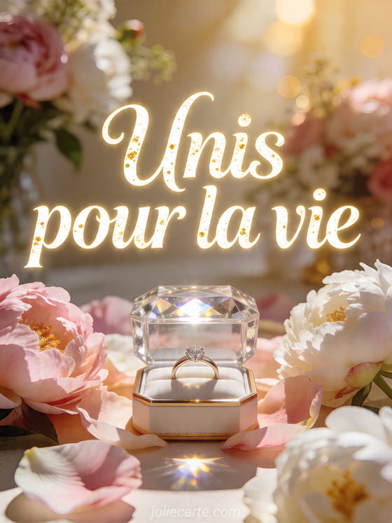 Photo realiste de petales de pivoine autour d'un ecrin en cristal dans un atelier floral lumineux, texte Unis pour la vie
