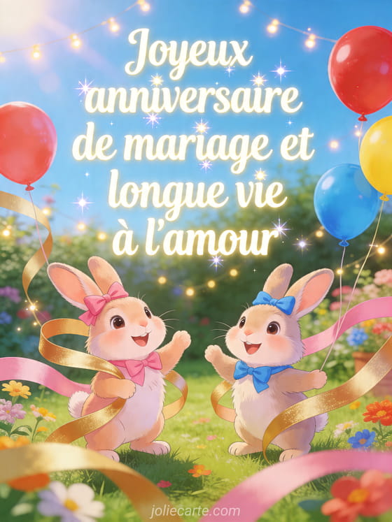 Deux lapins dans un jardin avec ballons et rubans, avec le texte Joyeux anniversaire de mariage et longue vie à l'amour