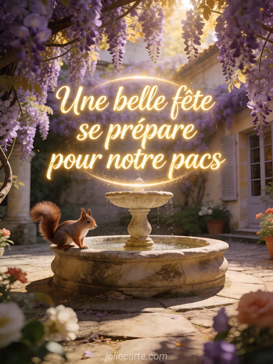 Cour recouverte de glycine avec fontaine en pierre et écureuil posé sur le rebord, sous une lumière joyeuse