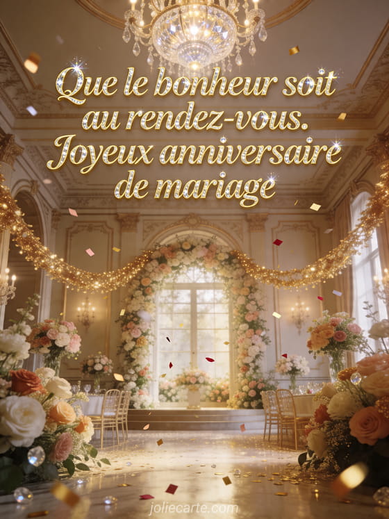 Lustre en cristal dans une salle fleurie avec guirlandes et le texte Que le bonheur soit au rendez-vous. Joyeux anniversaire de mariage