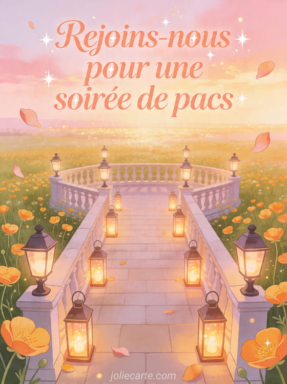 Illustration d'une terrasse bordée de lanternes au milieu d'une prairie de boutons d'or sous un ciel du soir