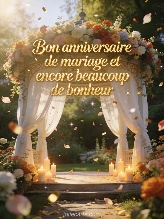 Pavillon fleuri dans un jardin avec bougies et le texte Bon anniversaire de mariage et encore beaucoup de bonheur