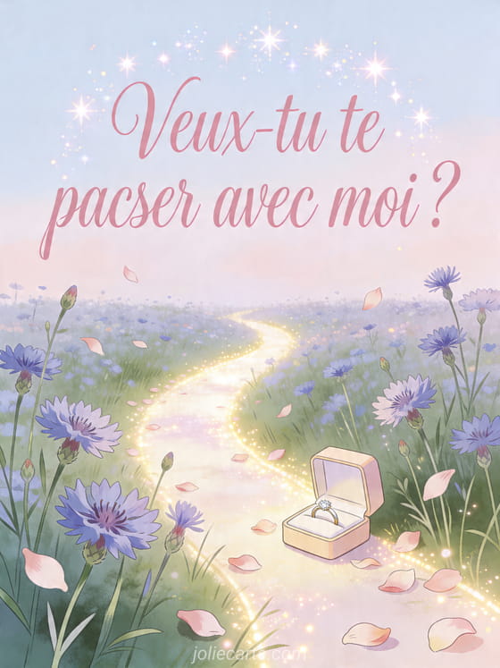 Illustration d'un écrin de bague ouvert dans une prairie de centaurées avec pétales sur un chemin lumineux