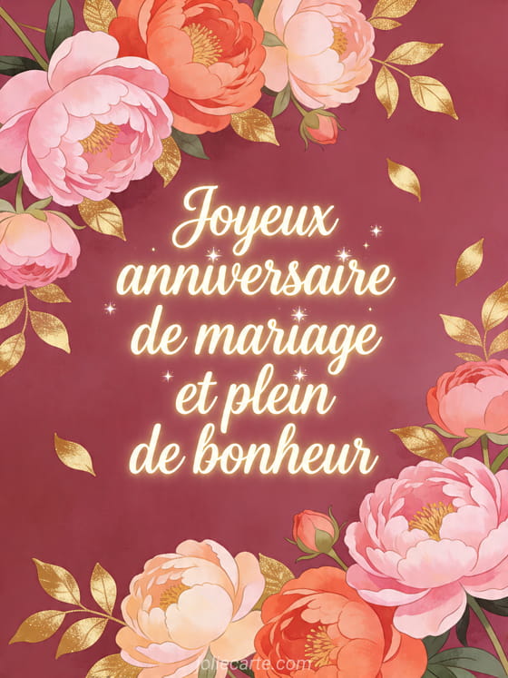 Composition de pivoines sur fond précieux avec le texte Joyeux anniversaire de mariage et plein de bonheur