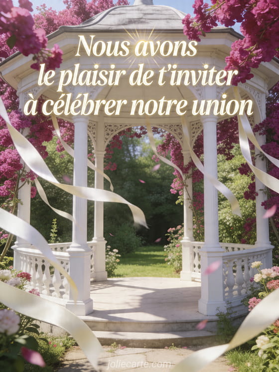Pavillon blanc de jardin entouré de fuchsias et de rubans soulevés par le vent, avec un texte d'invitation