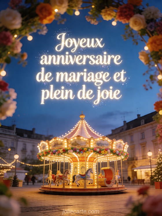 Carrousel ancien décoré de petites lumières avec le texte Joyeux anniversaire de mariage et plein de joie