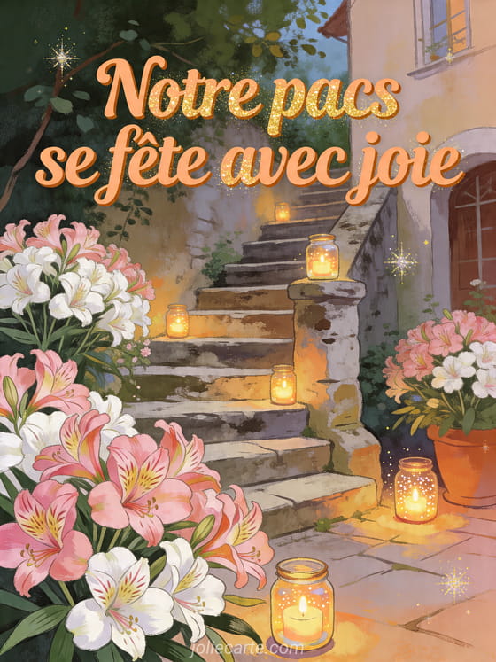 Illustration d'une cour d'alstroemères avec escalier en pierre et photophores lumineux