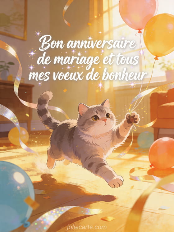 Chat british shorthair jouant avec rubans et ballons, avec le texte Bon anniversaire de mariage et tous mes voeux de bonheur