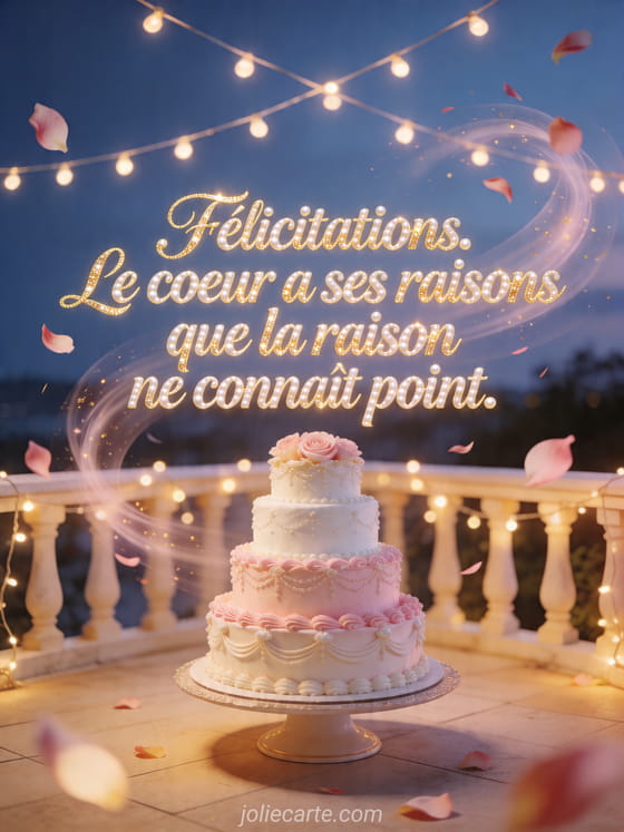 Gâteau de mariage sur une terrasse vide sous des guirlandes lumineuses et des pétales