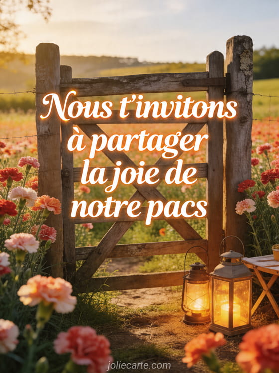 Champ d'oeillets autour d'un portail en bois rustique avec lanternes de pique-nique sous une lumière dorée