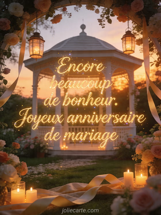 Gazebo blanc dans un jardin fleuri avec lanternes et le texte Encore beaucoup de bonheur. Joyeux anniversaire de mariage