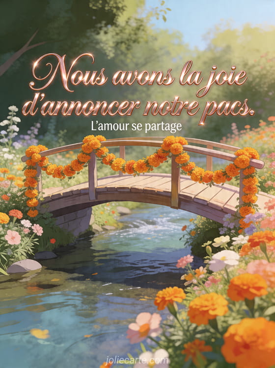 Illustration d'un petit pont entouré de guirlandes de soucis au-dessus d'un ruisseau fleuri
