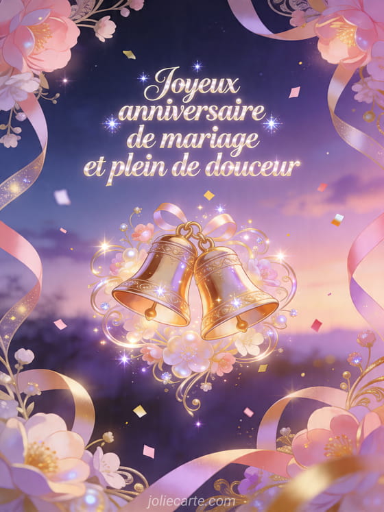 Deux cloches de mariage dorées avec rubans et le texte Joyeux anniversaire de mariage et plein de douceur