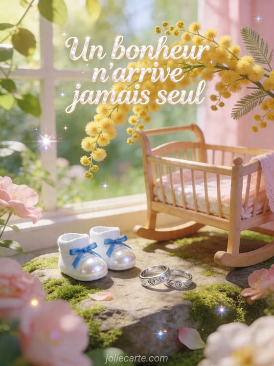 Branches de mimosa au-dessus d'un berceau avec petits chaussons et anneaux argentés dans un coin de jardin lumineux