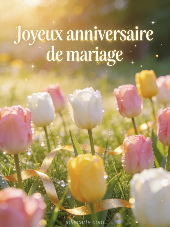 Champ de tulipes au soleil avec rubans dorés et le texte Joyeux anniversaire de mariage