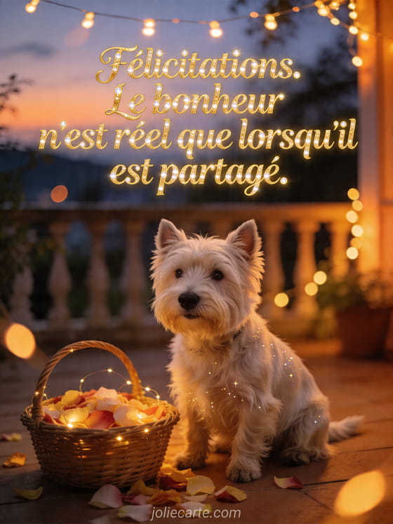 Chien westie près d'un panier de pétales et de guirlandes lumineuses sur une terrasse au crépuscule