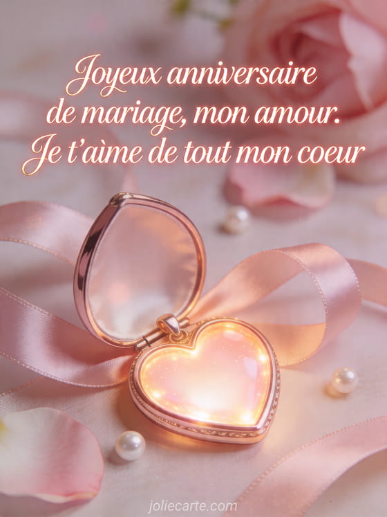 Médaillon en forme de cœur parmi rubans et perles, avec le texte Joyeux anniversaire de mariage, mon amour. Je t'aime de tout mon coeur
