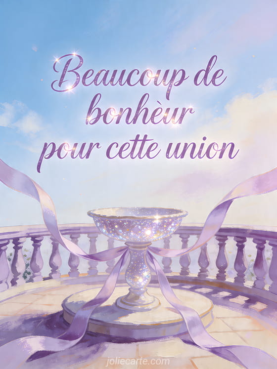 Illustration d'une terrasse de lavande avec vasque de fontaine scintillante et rubans flottants