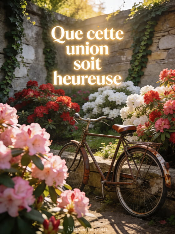 Jardin de rhododendrons avec vélo ancien près d'un mur de pierre ensoleillé