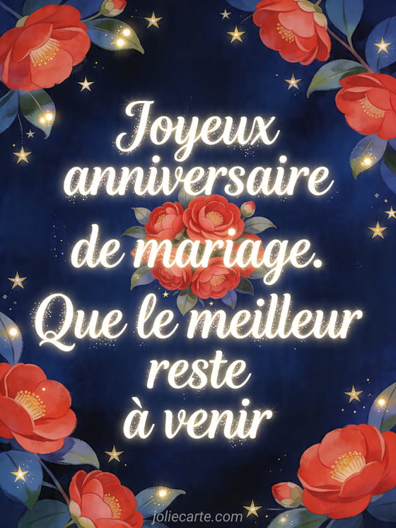 Camélias rouges entourés de feuilles et d'étoiles avec le texte Joyeux anniversaire de mariage. Que le meilleur reste à venir