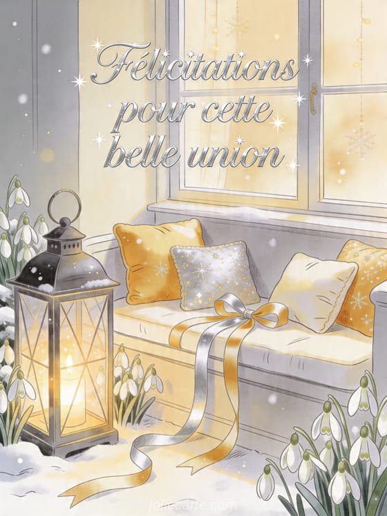 Illustration de perce-neige autour d'une banquette de fenêtre éclairée par une lanterne et garnie de coussins