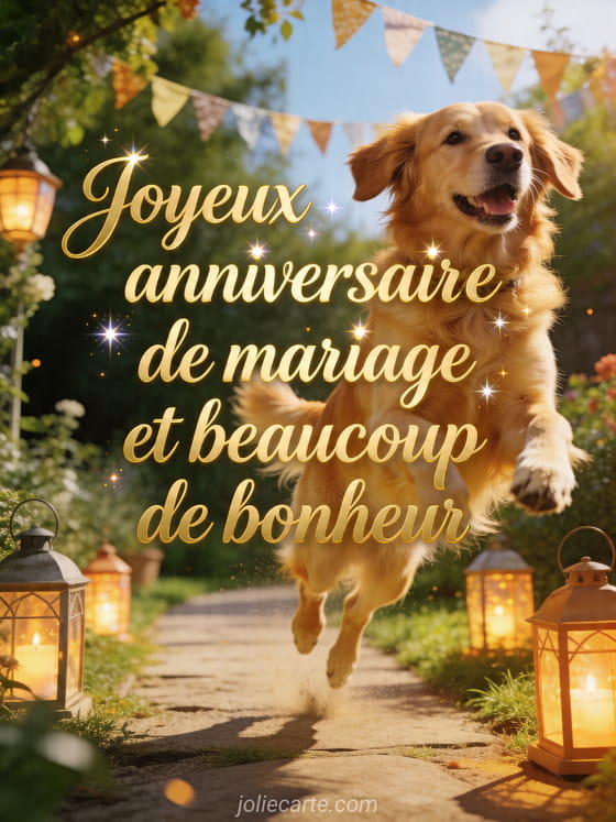 Chien golden retriever sur un chemin de jardin avec lanternes et le texte Joyeux anniversaire de mariage et beaucoup de bonheur