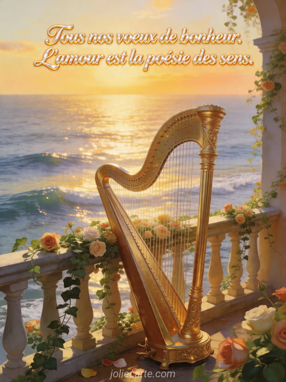 Harpe dorée sur un balcon fleuri face à une mer lumineuse au soleil couchant