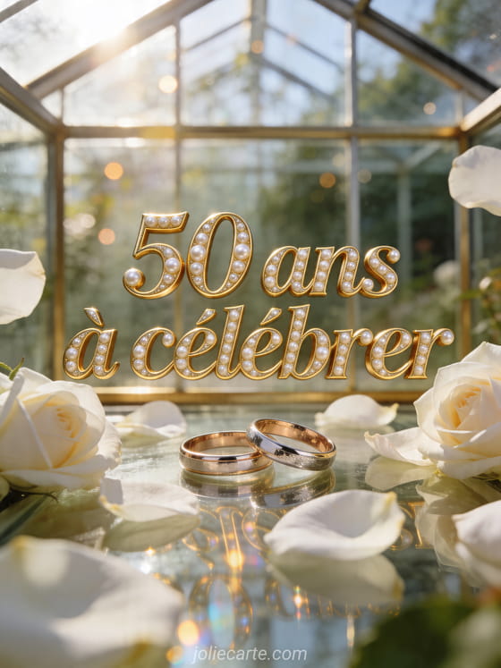 Photo realiste de petales de rose blanche et d'alliances polies dans une verriere ensoleillee, texte 50 ans a celebrer