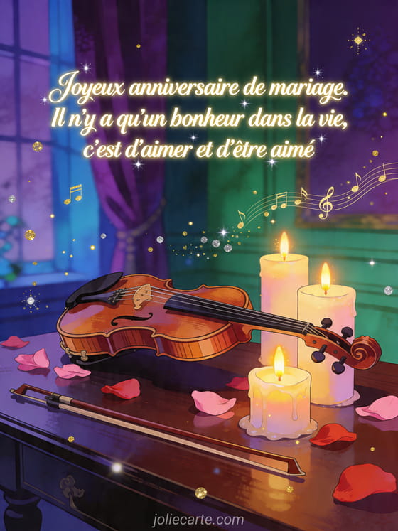 Violon près de bougies et pétales avec le texte Joyeux anniversaire de mariage et sa citation
