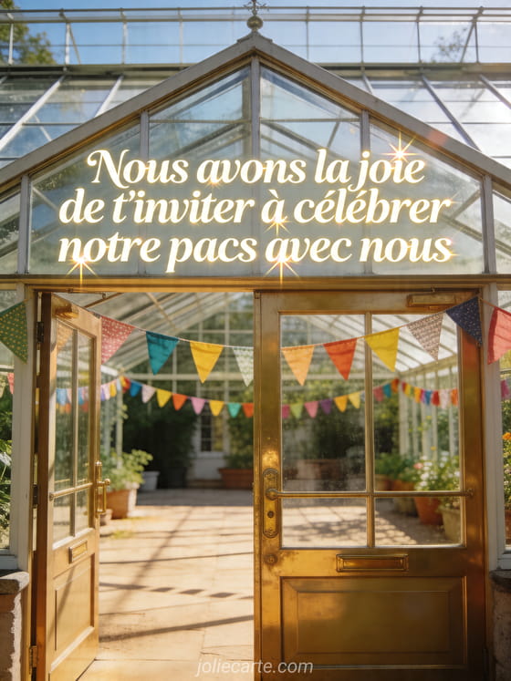 Porte de serre ouverte sur une cour ensoleillée avec fanions et détails en laiton, avec le texte d'invitation