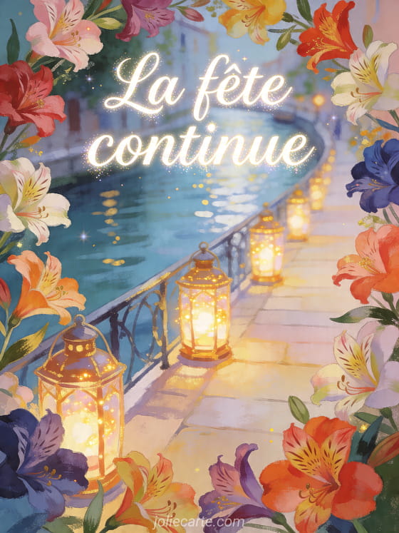 Illustration d'alstroemerias autour de lanternes lumineuses sur une terrasse de canal, texte La fete continue
