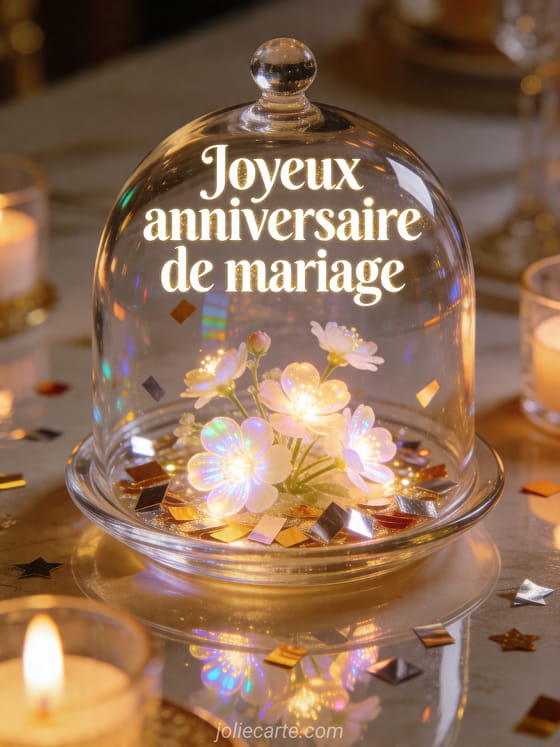 Cloche en verre avec petites fleurs lumineuses et le texte Joyeux anniversaire de mariage