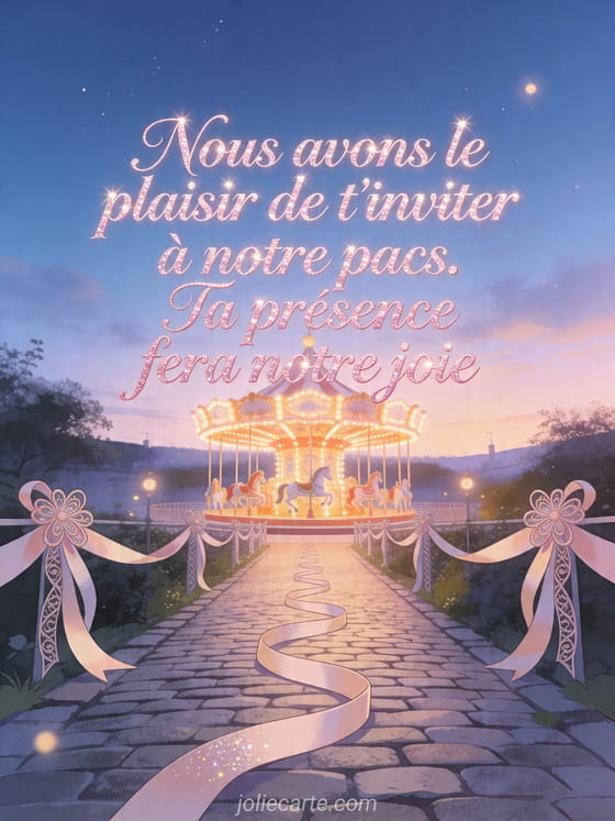 Illustration d'une ruelle pavée bordée de rubans menant à un carrousel lumineux sous un ciel du soir