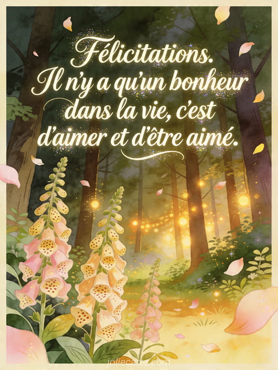 Illustration de digitales dans une clairière boisée avec lumières dorées et pétales