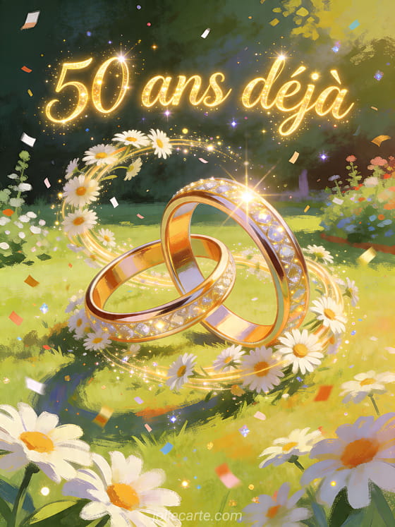 Illustration d'asters autour d'une grande sculpture d'alliance dans un jardin de celebration, texte 50 ans deja