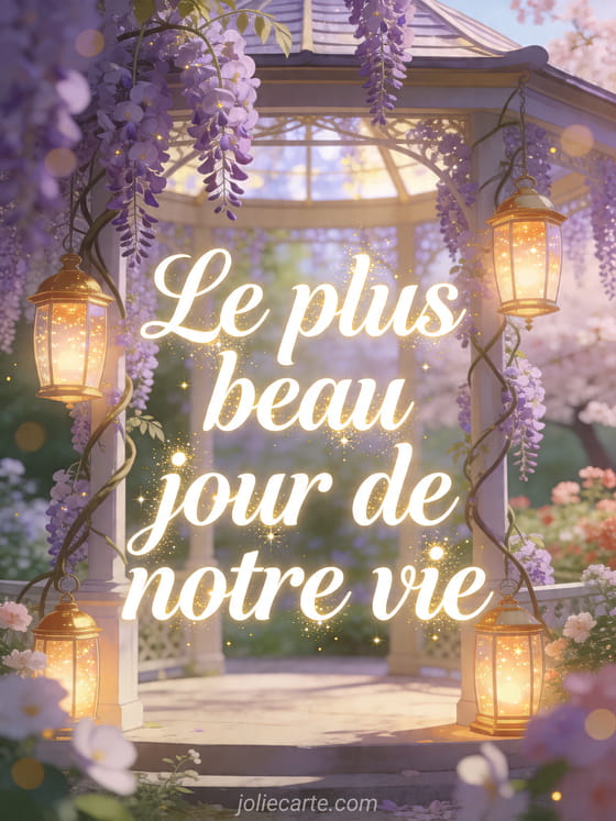 Photo realiste de glycines tombantes autour de lanternes lumineuses dans un pavillon de jardin, texte Le plus beau jour de notre vie