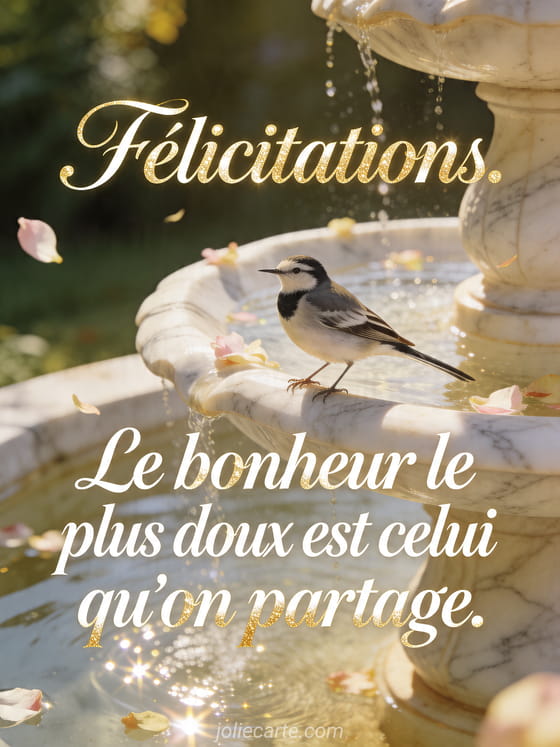 Oiseau bergeronnette sur le bord d'une fontaine en marbre parmi des pétales