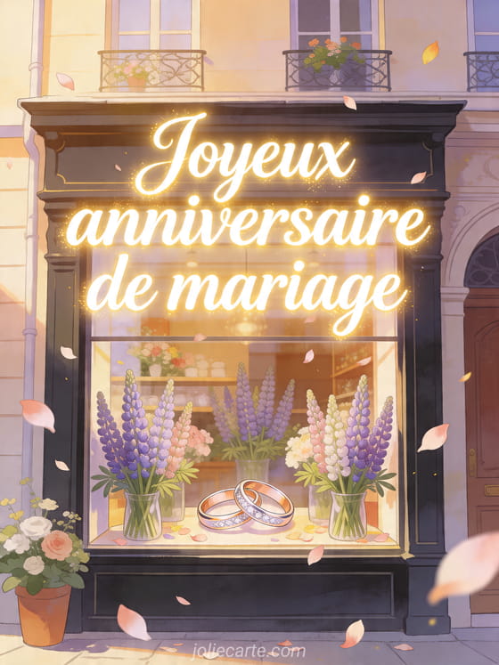 Illustration de fleuriste parisien avec bouquets de lupins et alliances, texte Joyeux anniversaire de mariage