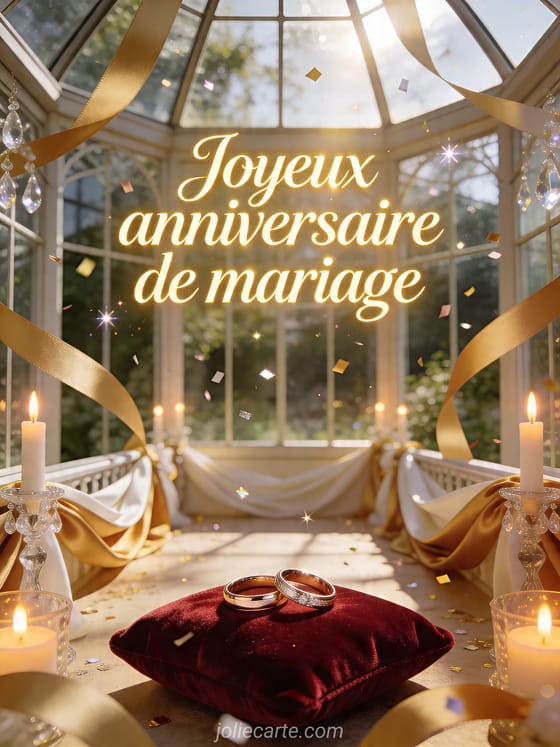 Deux alliances sur du velours dans une véranda lumineuse avec rubans satinés, bougies et texte Joyeux anniversaire de mariage