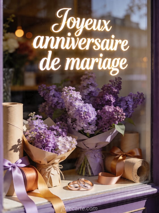 Vitrine de fleuriste parisienne réaliste avec lilas, alliances et texte Joyeux anniversaire de mariage