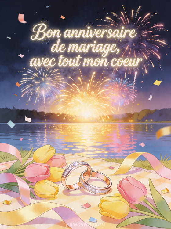 Illustration de lac avec tulipes, alliances, rubans, confettis et feux d'artifice, texte Bon anniversaire de mariage