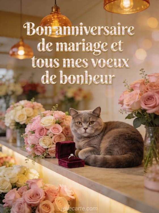 Comptoir de fleuriste avec roses, chat british shorthair et écrin à bague, texte Bon anniversaire de mariage