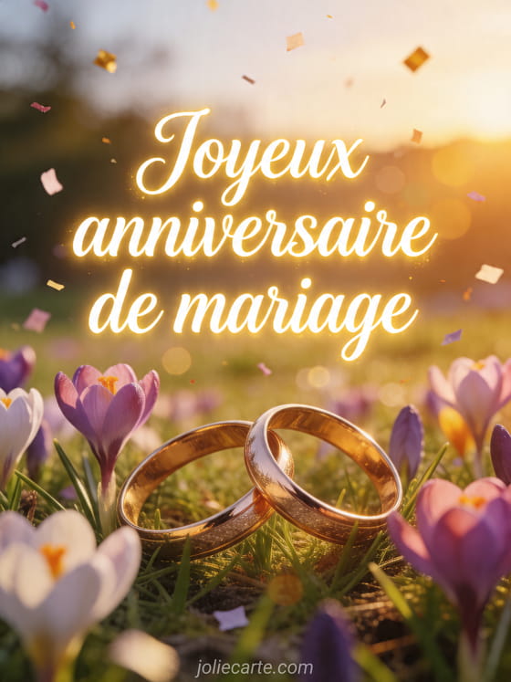 Deux alliances dorées dans une prairie de crocus au lever du soleil avec confettis et texte Joyeux anniversaire de mariage