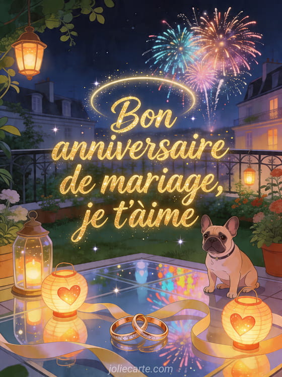 Illustration d'un jardin sur toit avec chien bouledogue français, lanternes en cœur, alliances et feu d'artifice