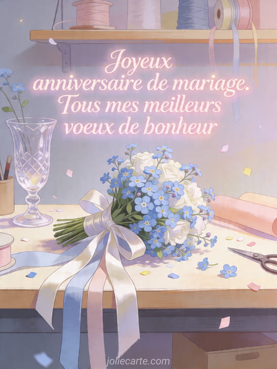 Illustration d'atelier de fleuriste avec bouquet de myosotis, rubans satinés et vase en cristal, texte Joyeux anniversaire de mariage