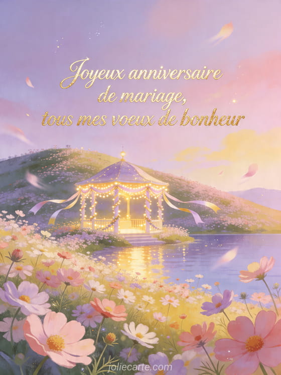 Fleurs de cosmos autour d'un kiosque au bord d'un lac avec guirlandes et texte Joyeux anniversaire de mariage, tous mes voeux de bonheur