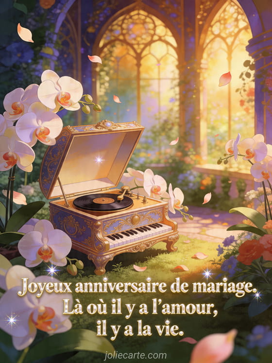 Illustration d'une boîte à musique ouverte parmi des orchidées dans un jardin lumineux, texte Joyeux anniversaire de mariage