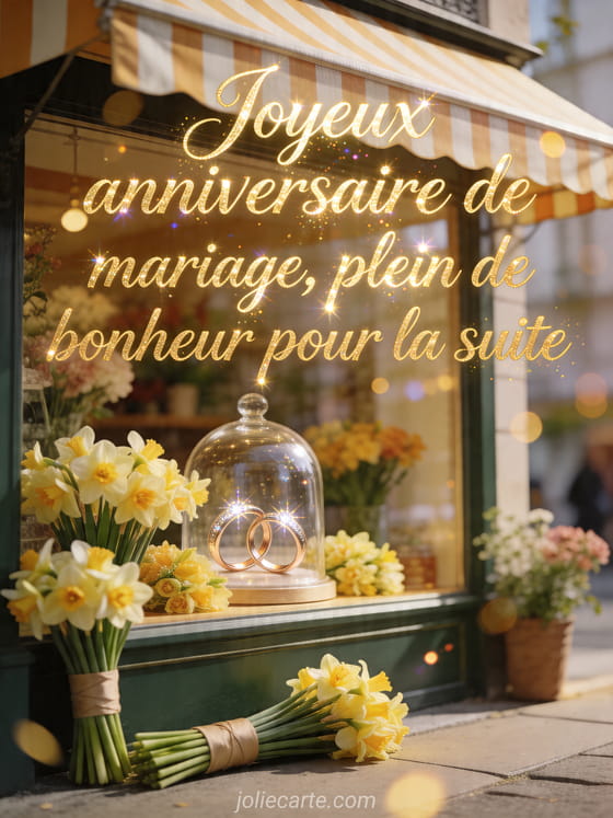 Photo d'une vitrine de fleuriste avec bouquets de jonquilles, cloche en verre et alliances lumineuses