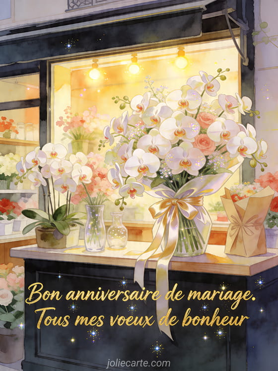 Comptoir de fleuriste illustré avec orchidées, bouquet et texte Bon anniversaire de mariage. Tous mes voeux de bonheur